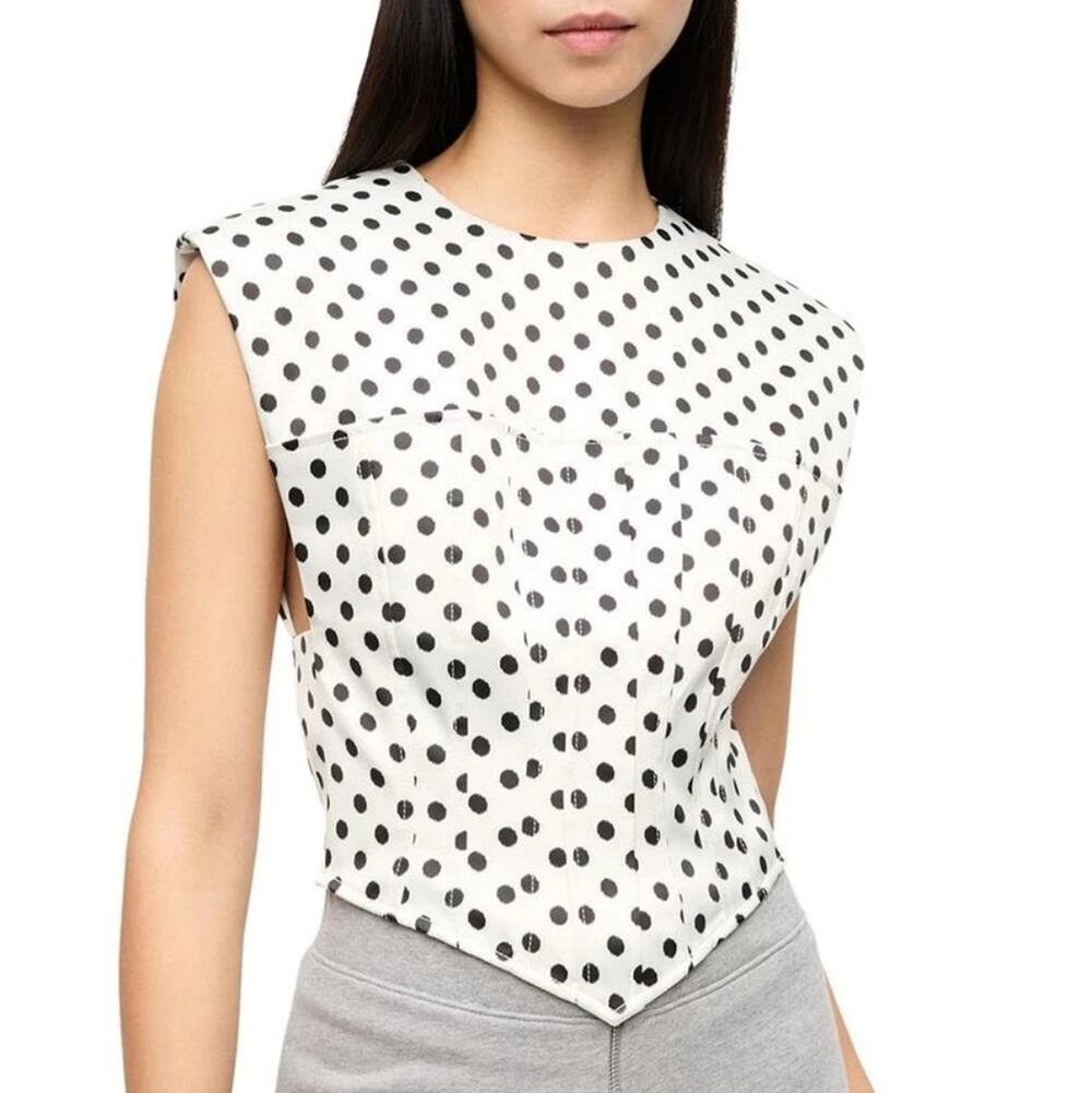 NWT GANNI Black White Polka Dot Satin Corset Blouse